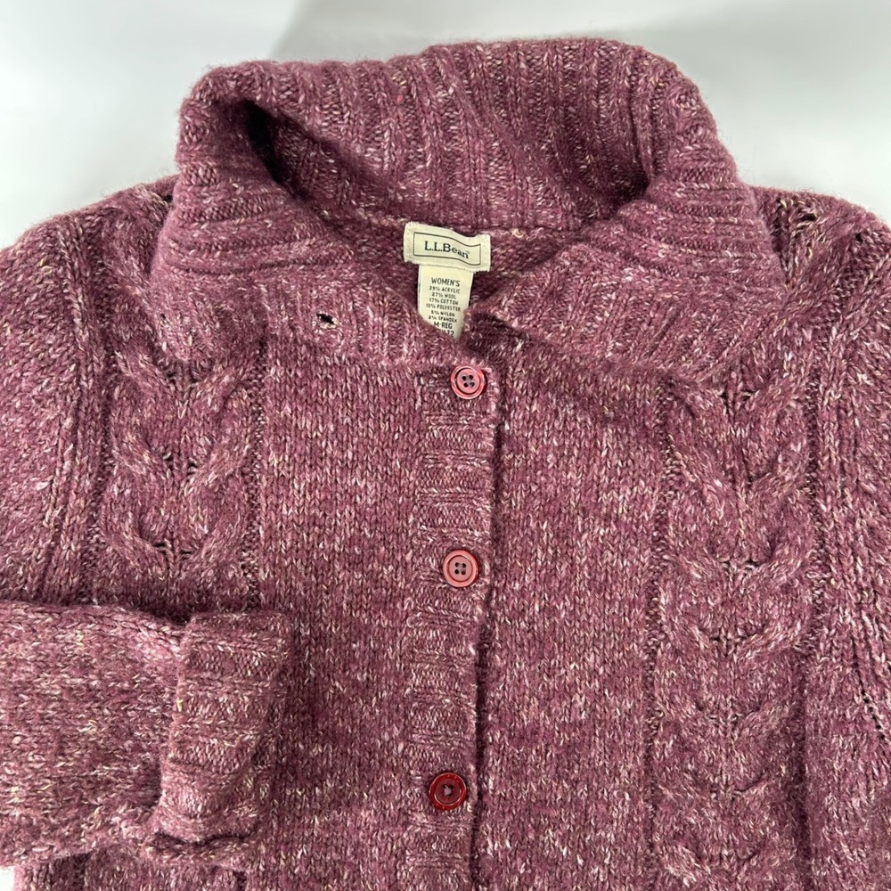 L.L. Bean Cardigan Sweater Womens M Purple Cable Knit Shawl Collar Wool Blend